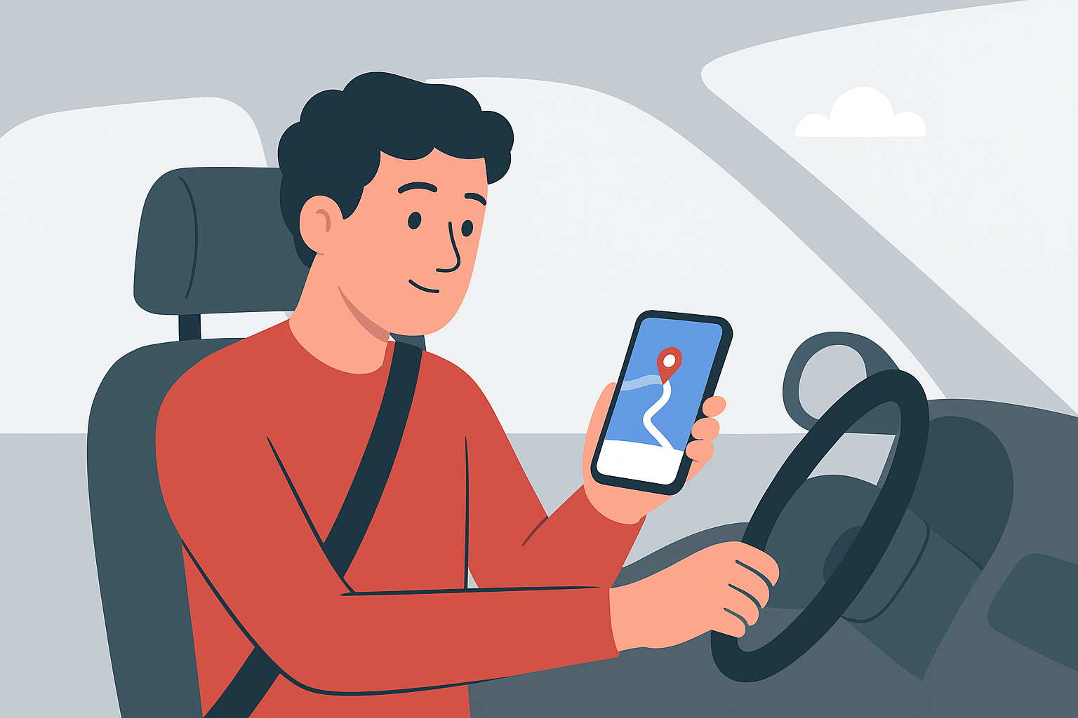 Jovem dirigindo com aplicativo de navegação