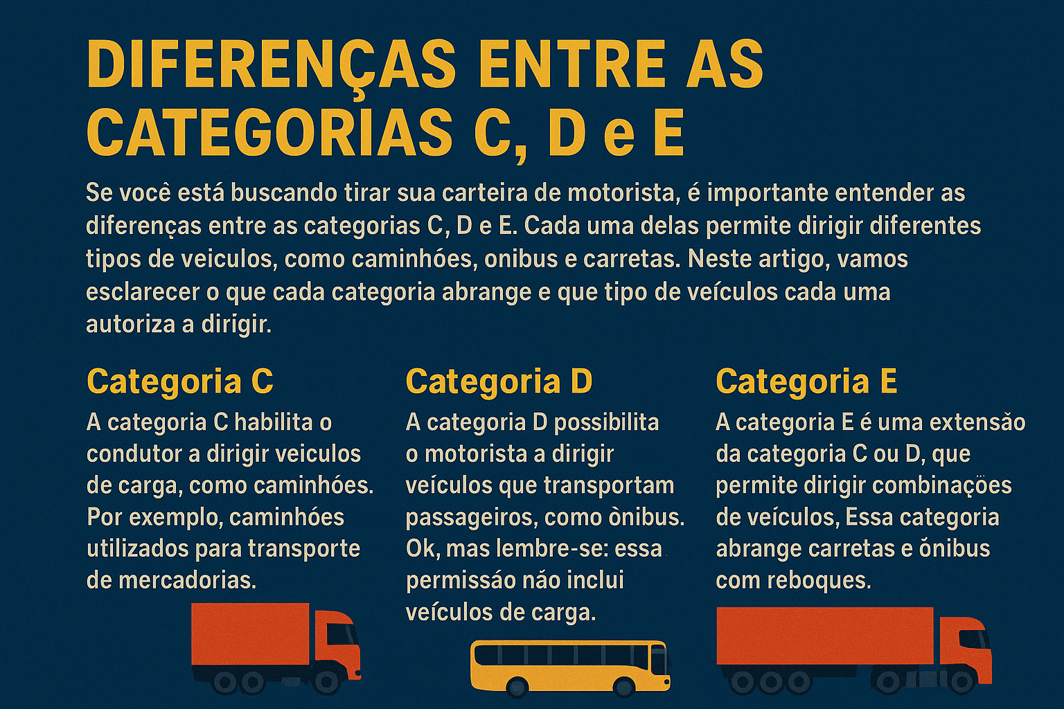 Diferenças entre as Categorias C, D e E da CNH